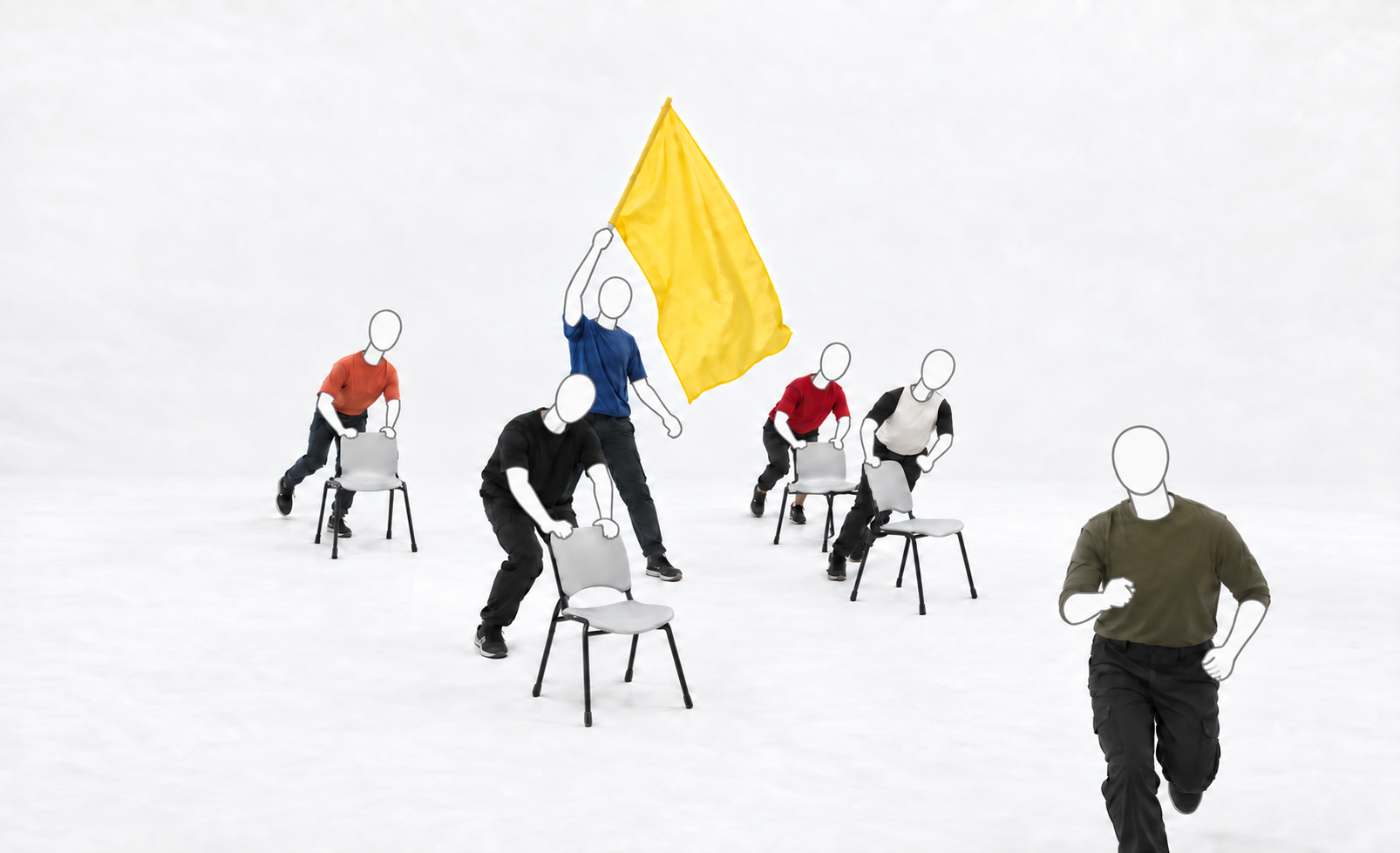 Six faceless performers move among chairs in a white space, one raising a vivid yellow flag.